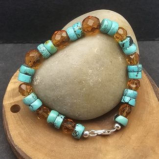 Turquoise and amber glass bead bracelet with sterling silver clasp, 190mm