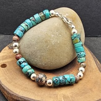 Turquoise, silver bead and leopard jasper bracelet with sterling silver clasp, 190mm
